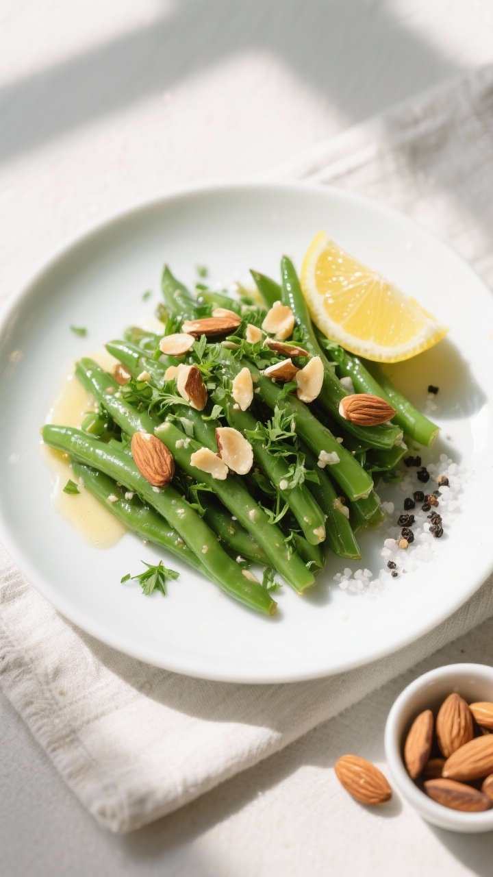 Final dish, tasty top view: Overhead shot of Green Bean Almondine neatly piled on a white rimmed pla