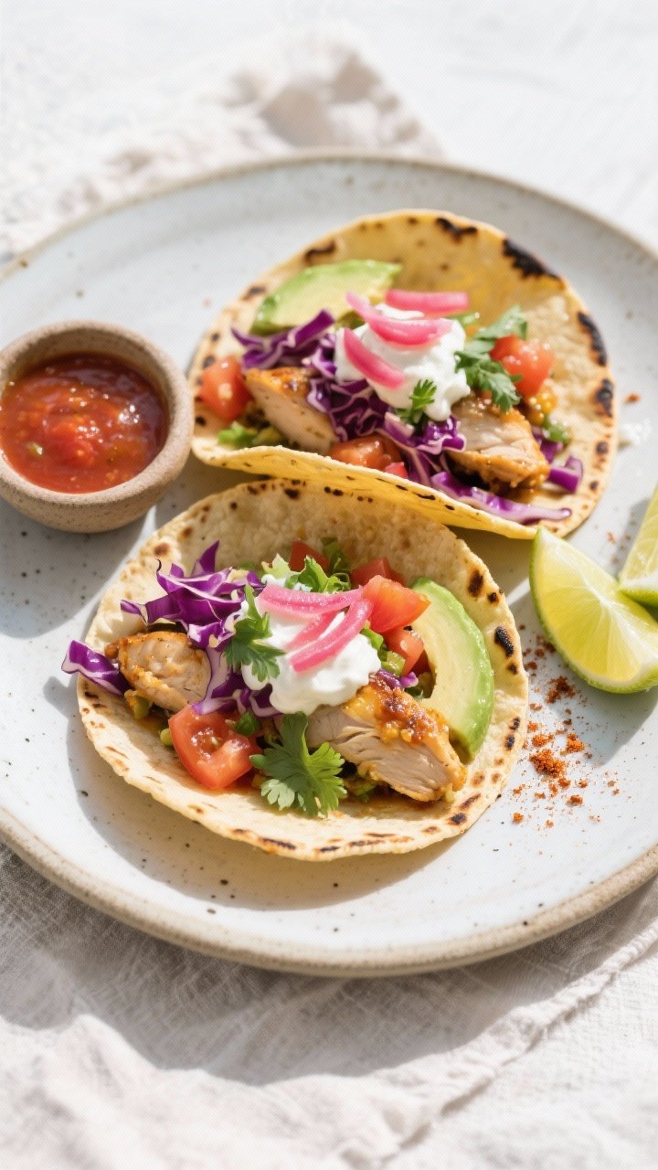 Healthy Chicken Tacos Crockpot: The Set-It-and-Flex Dinner Your Weeknight Deserves 2 Final dish, tasty top view: Overhead shot of street-style healthy chicken tacos on small charred cor