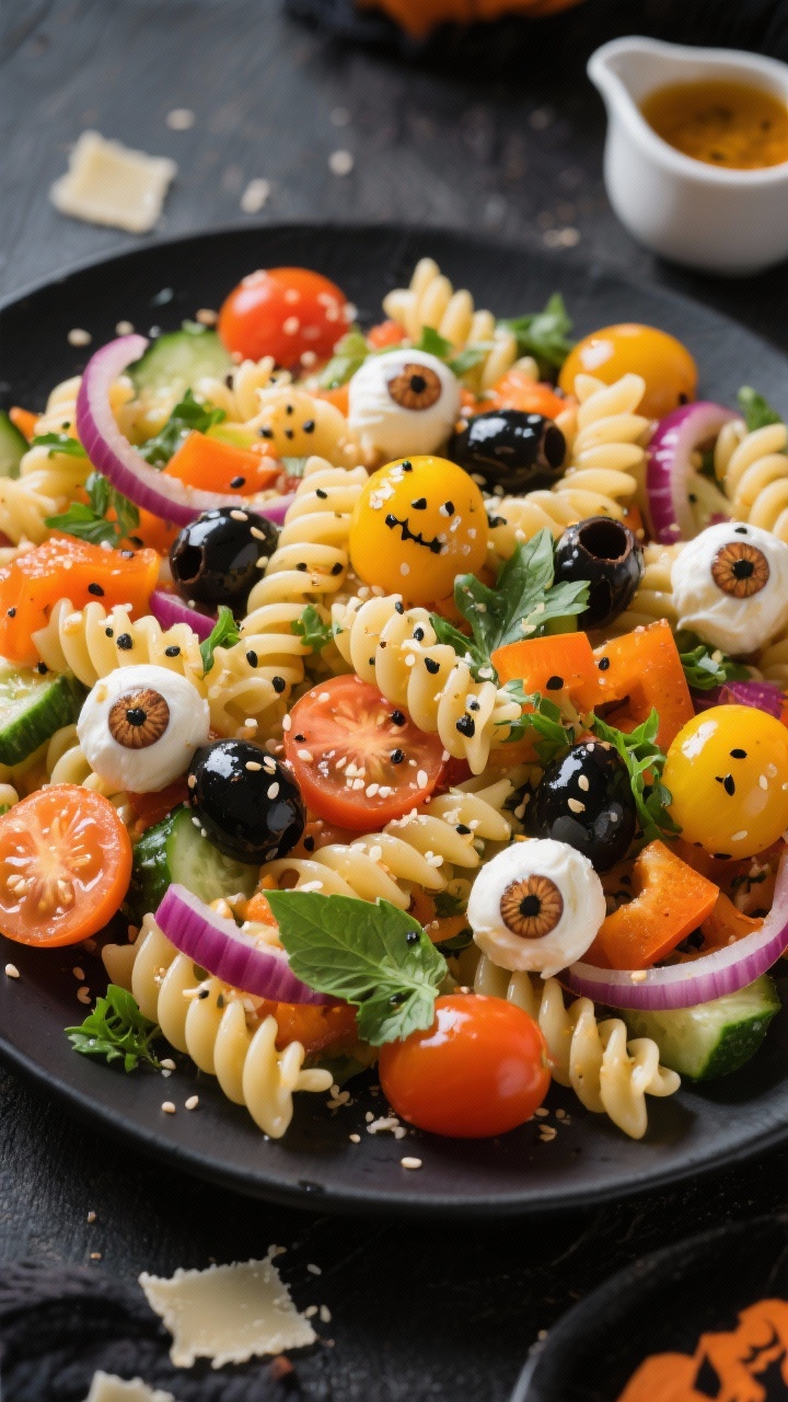 Final dish, tasty top view: Overhead shot of the finished Halloween Pasta Salad on a wide, matte-bla