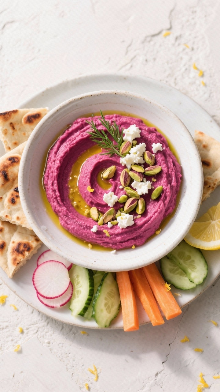 Final dish, tasty top view: Overhead shot of vibrant magenta beet hummus swirled into a shallow whit