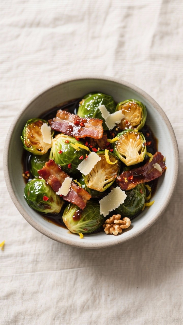Brussel Sprout Recipes with Bacon Balsamic Glaze That Make Veggies Disappear 3 Final dish top view: Overhead shot of a serving bowl filled with balsamic-glazed Brussels sprouts an
