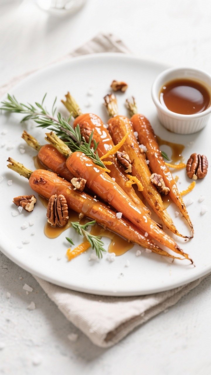 Final dish, top view: Overhead shot of Sweet and Savory Roasted Carrots with Maple Butter beautifull
