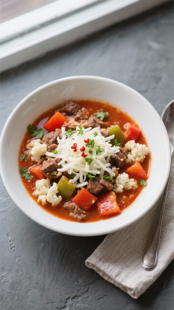 Low Carb Stuffed Pepper Soup—A Flavorful Instant Pot Delight! 2 Final plated overhead: A deep white bowl filled with Low Carb Stuffed Pepper Soup, evenly distribute
