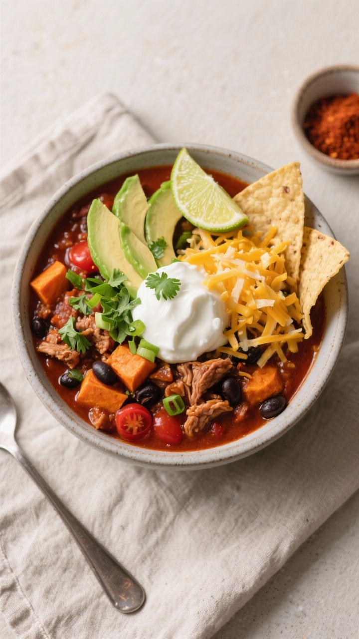 Final plated overhead: A hearty bowl of Sweet Potato Turkey Chili styled restaurant-quality—deep r