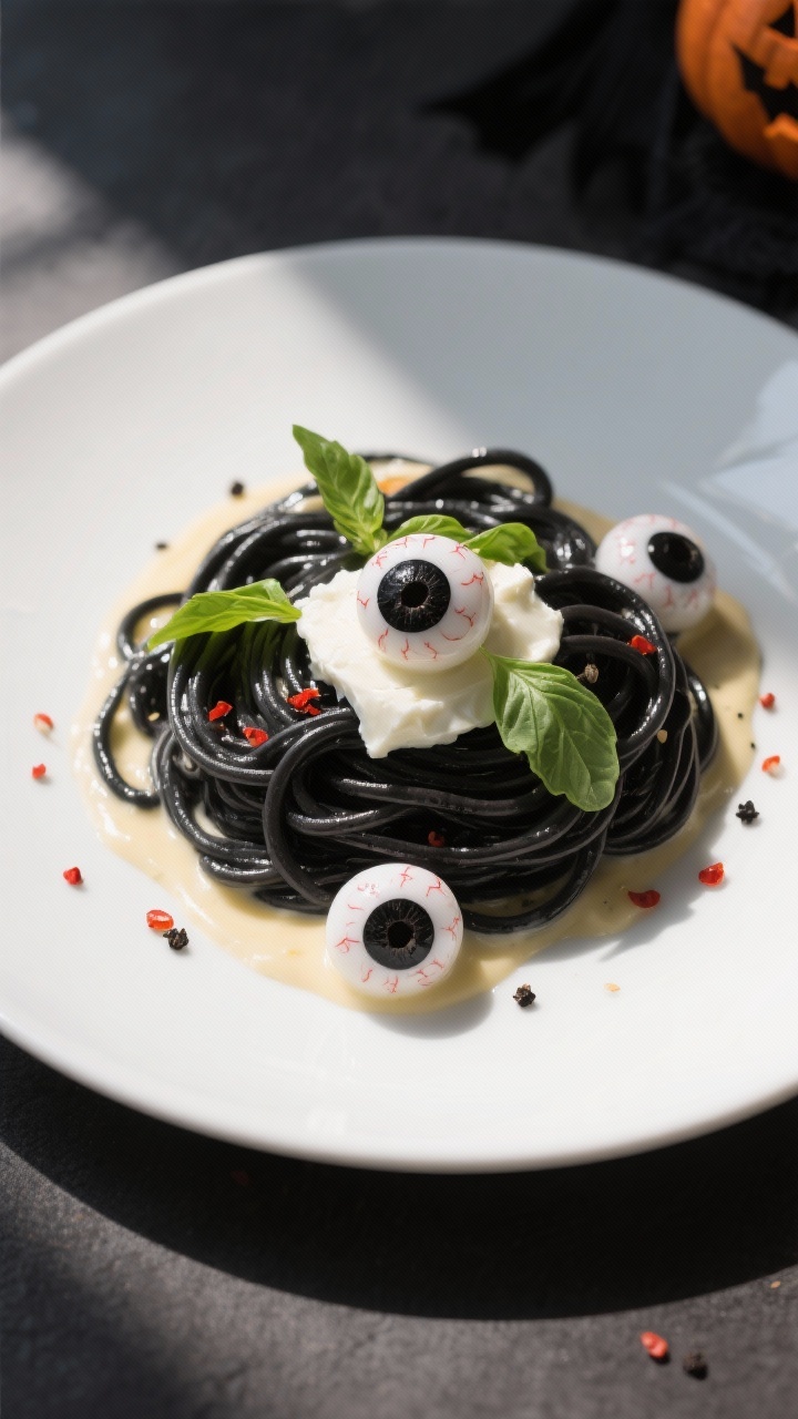 Final plated overhead: Black Pasta Alfredo twirled into neat nests on a matte white platter, topped 