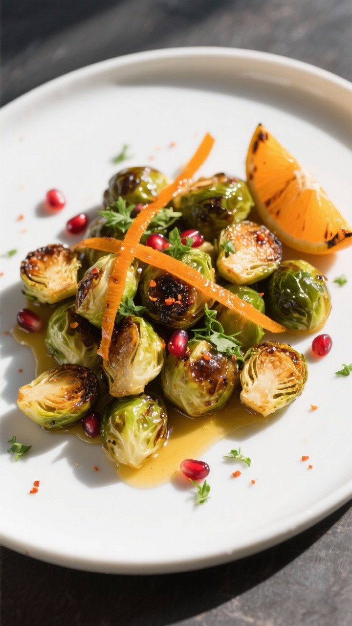 Thanksgiving Side Dishes on a Budget (Still Gorgeous) 2 Final plated overhead: Crispy Roasted Brussels Sprouts tossed in hot honey mustard, overhead shot on