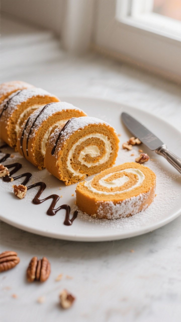 Stop Scrolling: This Pumpkin Roll Cake with Cream Cheese Filling Will Ruin All Other Desserts 2 Final plated overhead: Overhead shot of perfectly sliced pumpkin roll cake with silky cream cheese f