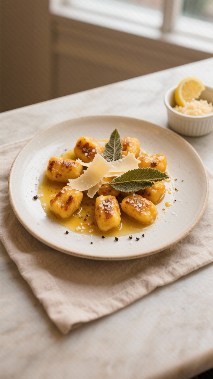 Final plated overhead shot: Restaurant-quality plating of pumpkin gnocchi with sage butter on a wide