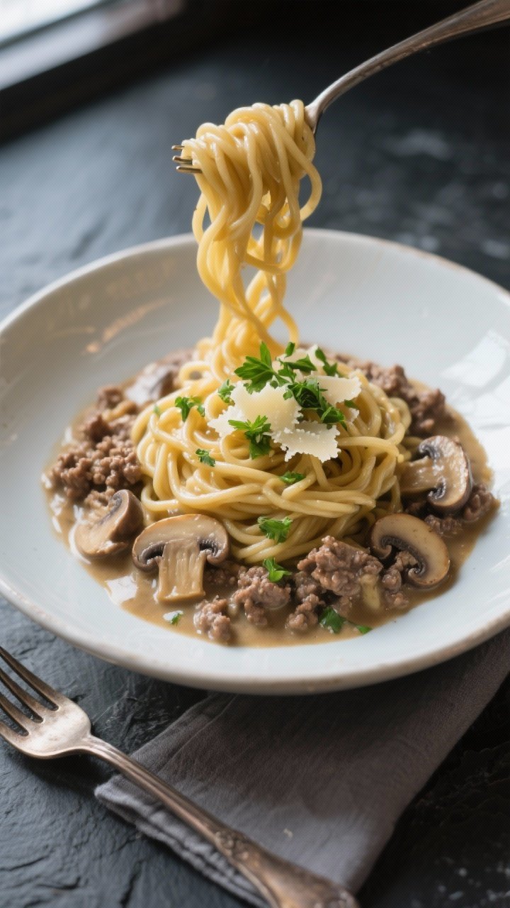 Ground Beef Egg Noodles Recipes That Slap: Cozy, Creamy, and Weeknight-Quick 3 Final plated presentation: Restaurant-quality bowl of ground beef egg noodles “stroganoff vibes”