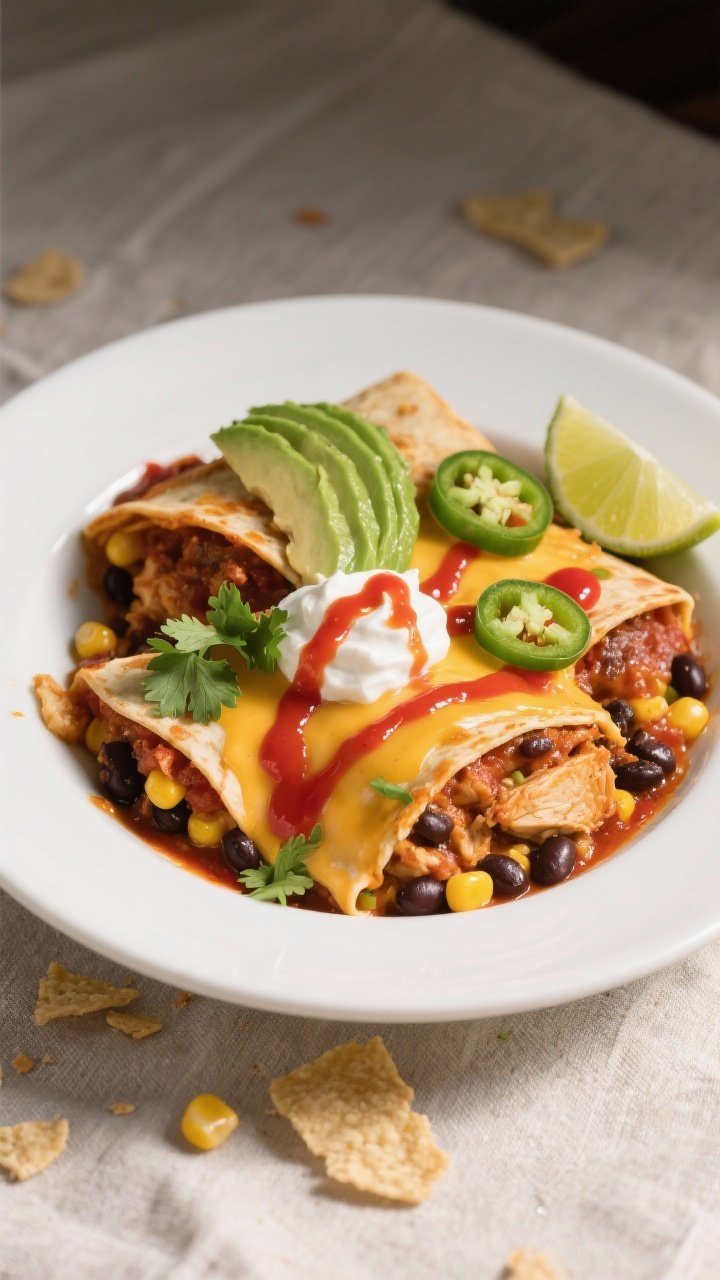 Final plated serving of Chicken Enchilada Casserole in a shallow white bowl, three hearty scoops wit