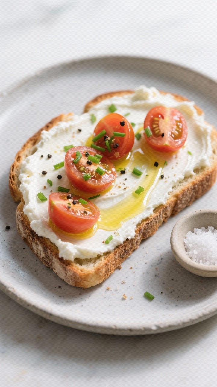 Final plated toast spread: Savory spread variation on thick artisanal toast—whipped cottage cheese