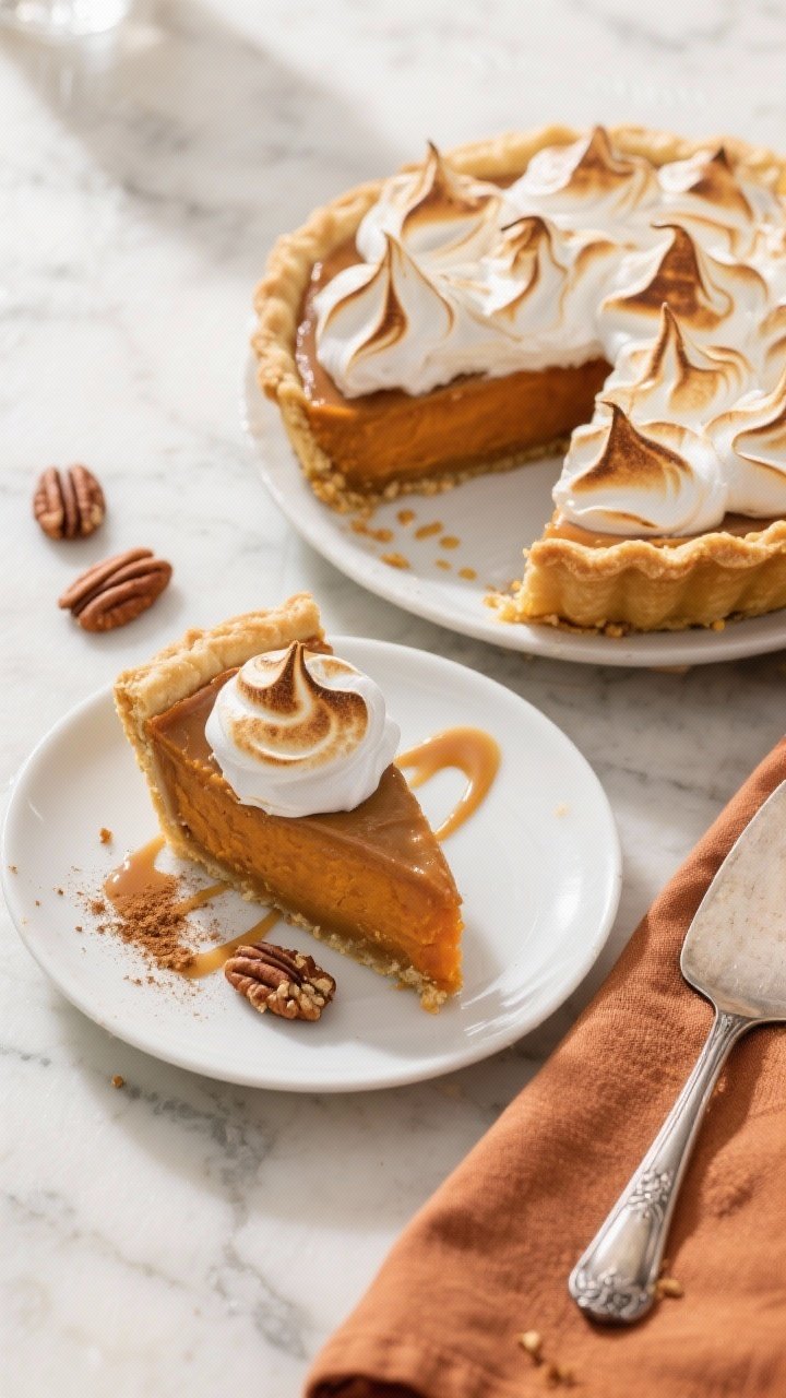 This Sweet Potato Pie with Toasted Marshmallow Meringue Will End Thanksgiving Arguments Forever 2 Final presentation overhead: Overhead shot of a perfectly sliced sweet potato pie with toasted marsh