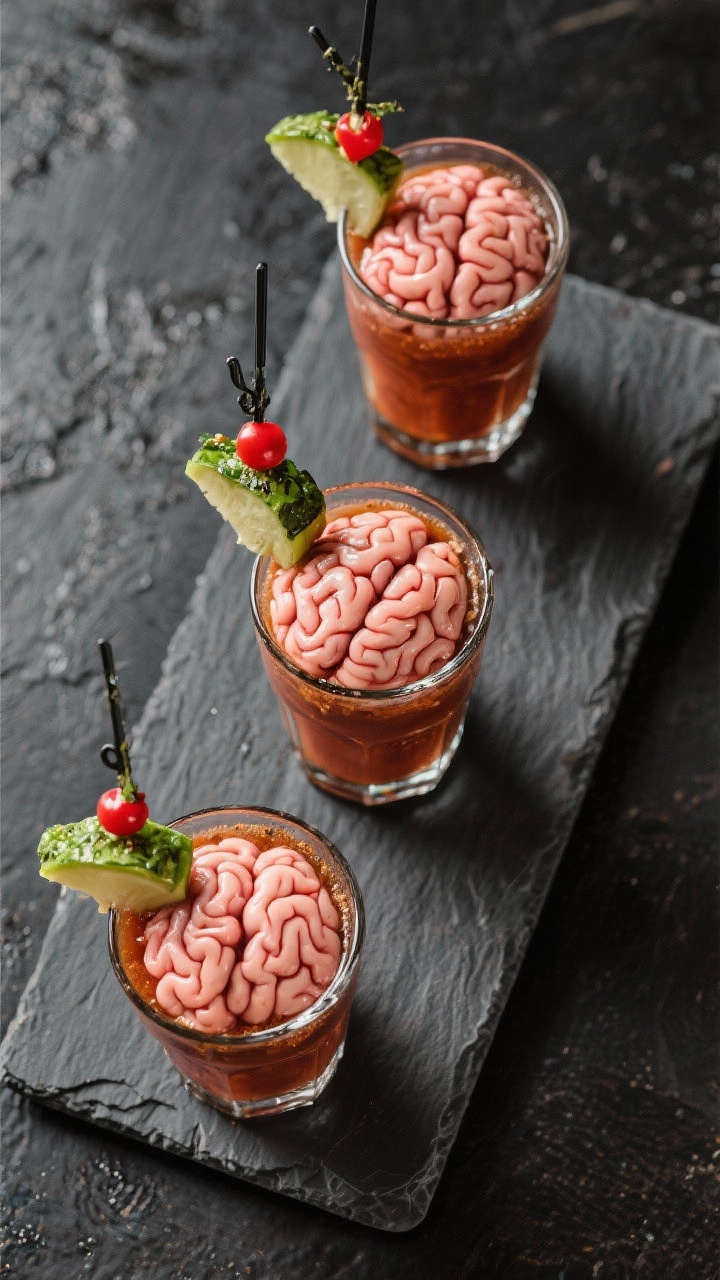 Final presentation, top-down hero shot: Overhead image of three assembled Zombie Brain Shots in clea
