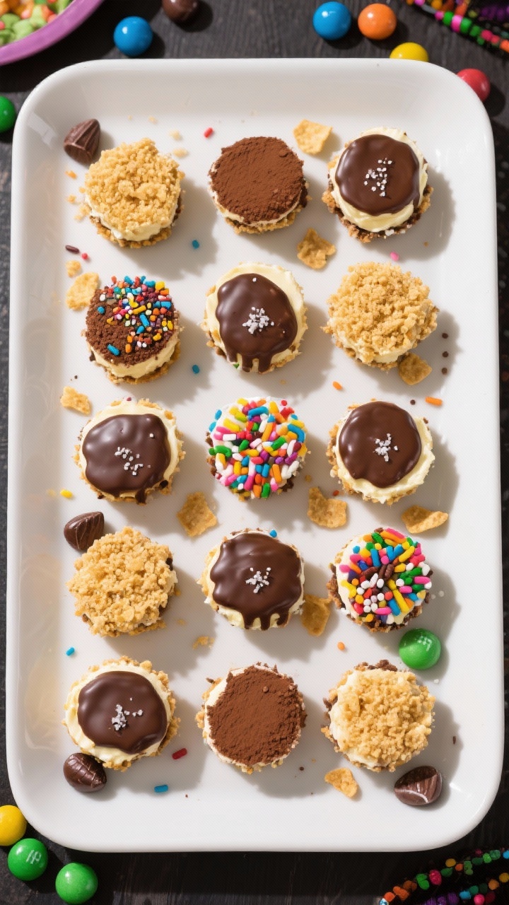 Overhead final presentation: A party-ready platter of assorted No-Bake Monster Cheesecake Bites arra