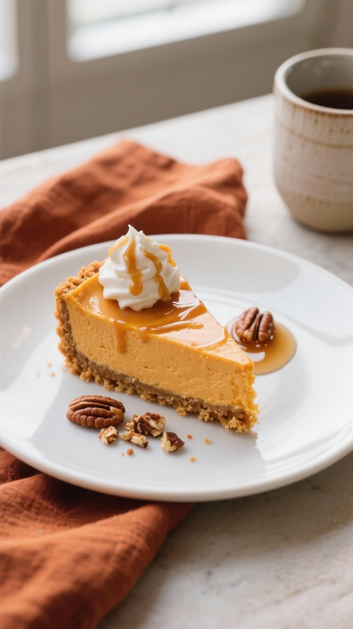 Overhead final presentation: A perfect slice of creamy pumpkin cheesecake plated on a matte white de