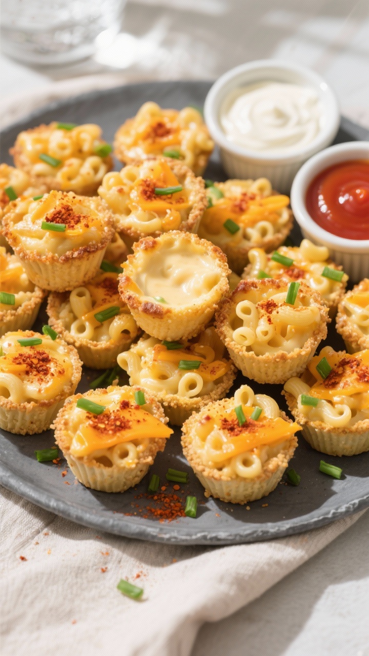 Overhead final presentation: A slate-grey platter piled with Monster Mac and Cheese Cups arranged ca