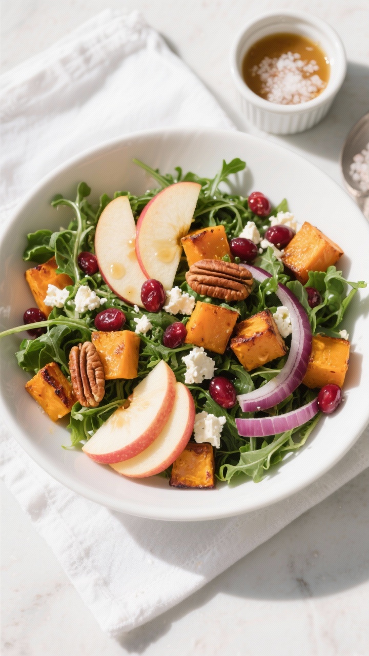 Overhead final presentation: Autumn Harvest Apple Salad fully assembled in a wide, shallow white bow
