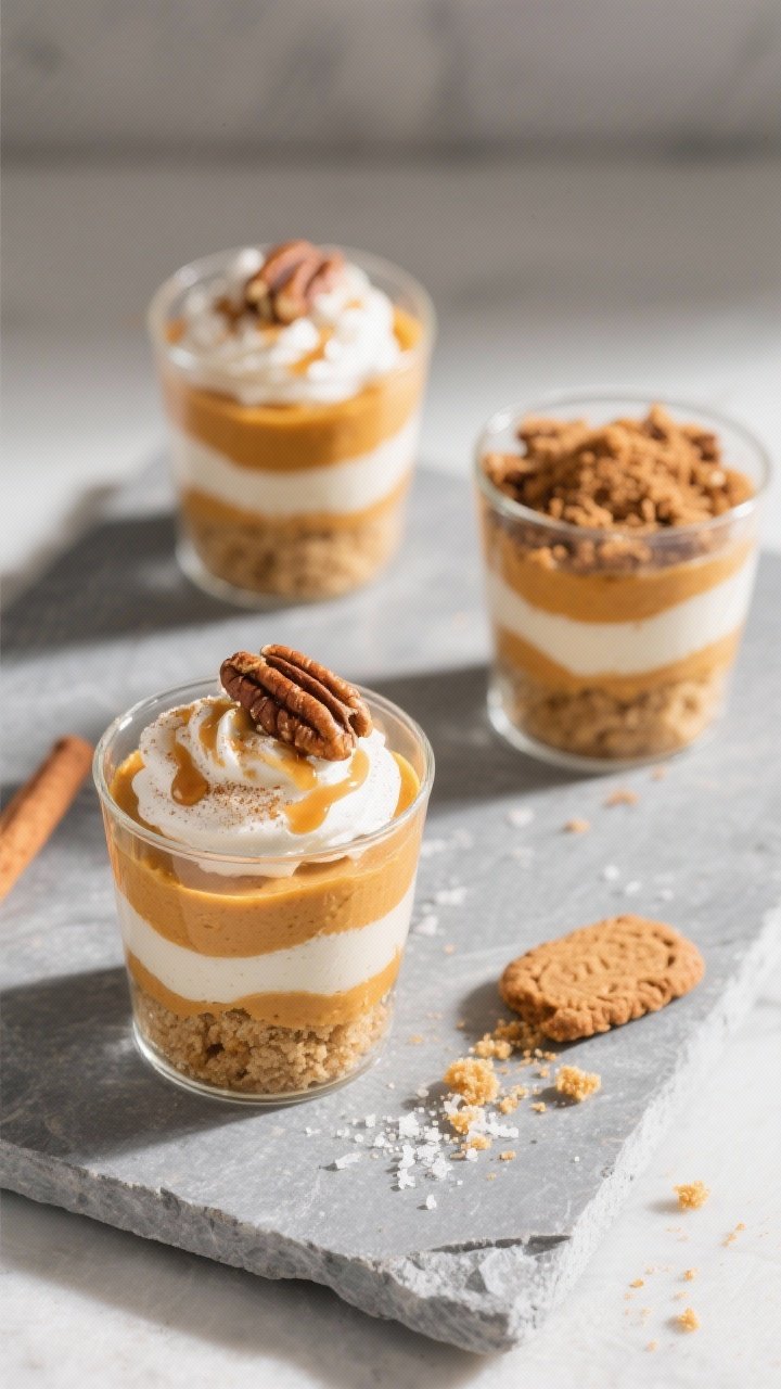 Overhead final presentation: No-bake pumpkin mousse parfaits assembled in clear 8–10 oz glasses, l
