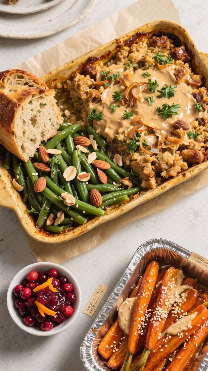 Overhead final presentation of a make-ahead sides spread: golden-edged sourdough herb stuffing in a 