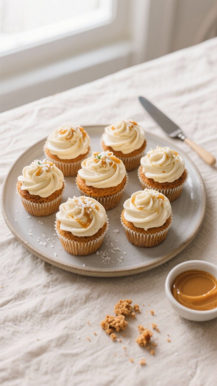 Overhead final presentation of a set of pumpkin spice cupcakes on a matte ceramic platter, each topp