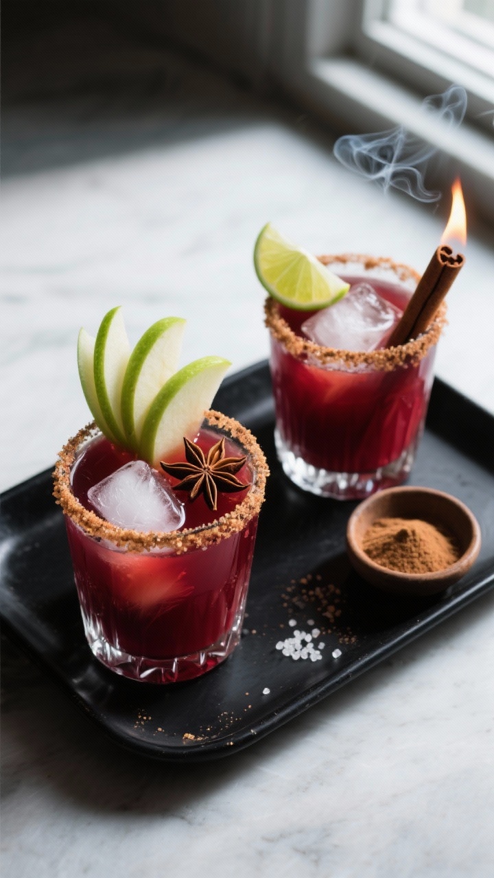 Overhead final presentation of two Poison Apple Margaritas on a matte black tray: moody crimson cock