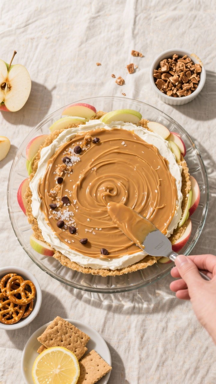 Cream Cheese Caramel Apple Dip Toffee: The 10-Minute Party Trick That Disappears First 2 Overhead process shot: The assembled dip in an 8–9 inch glass pie plate, captured top-down to high