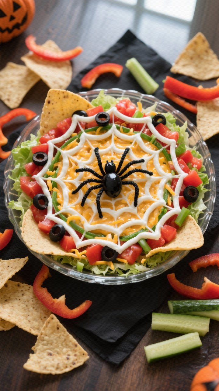Halloween Taco Dip Spider Webs: The Party Trick That Vanishes Before the Costume Contest 1 Overhead shot of a finished Halloween taco dip in a clear glass pie dish, showing crisp, concentric