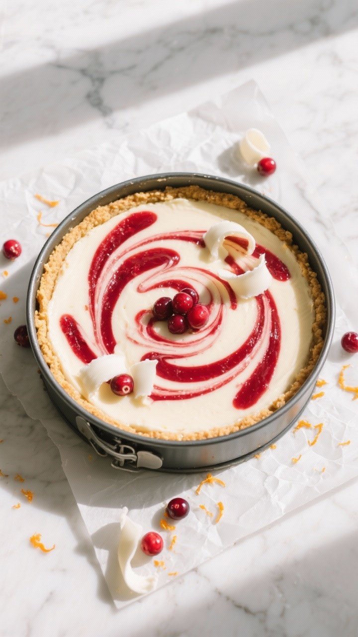 This Cranberry Swirl Cheesecake with White Chocolate Is Your New Holiday Flex 1 Overhead shot of a freshly baked Cranberry Swirl Cheesecake in a 9-inch springform with the ring jus