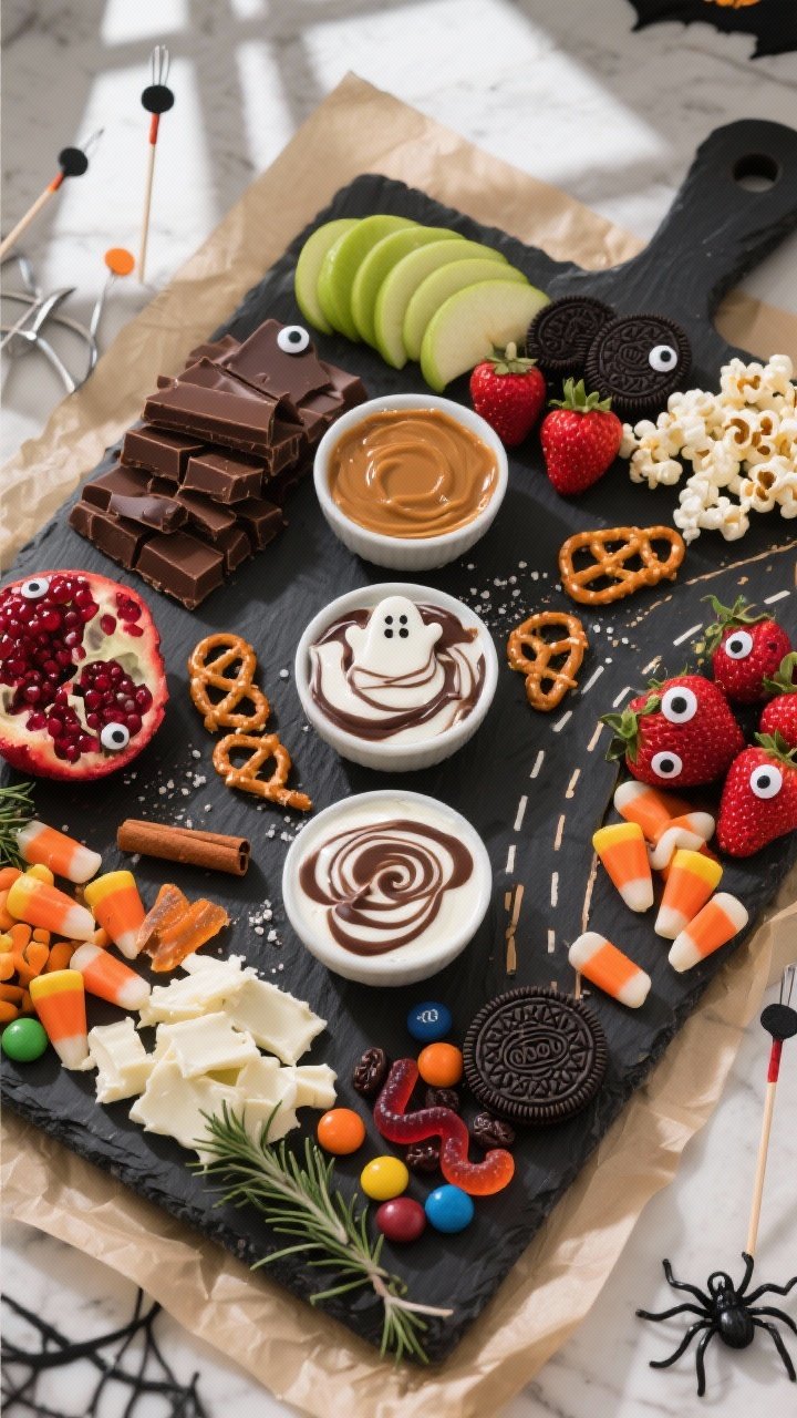 Halloween Treat Boards: Dessert Charcuterie 101 — The Spookiest Sweet Spread You’ll Build All Year 1 Overhead shot of a fully assembled Halloween dessert charcuterie board on a dark slate board lined w
