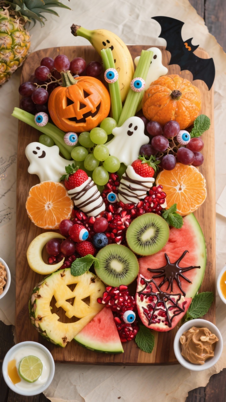 Overhead shot of a fully assembled Halloween fruit platter on a large wooden board: clementine “pu