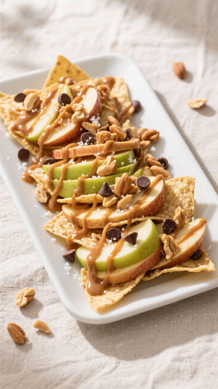 Overhead shot of a fully assembled platter of Caramel Apple Nachos: fanned layers of crisp Granny Sm