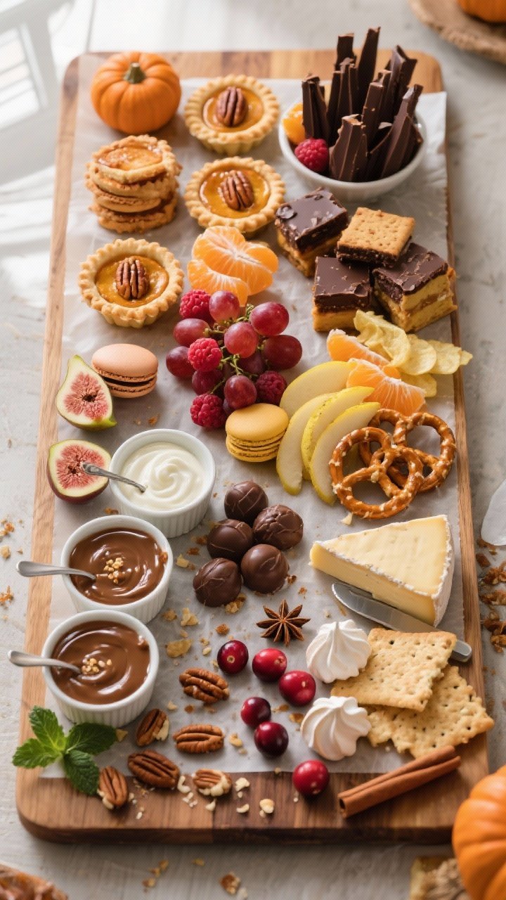 Dessert Board for Thanksgiving: Mini Everything — The Viral Platter That Crushes Pie Fatigue 1 Overhead shot of a fully assembled Thanksgiving mini-dessert board on a large wooden board lined wit