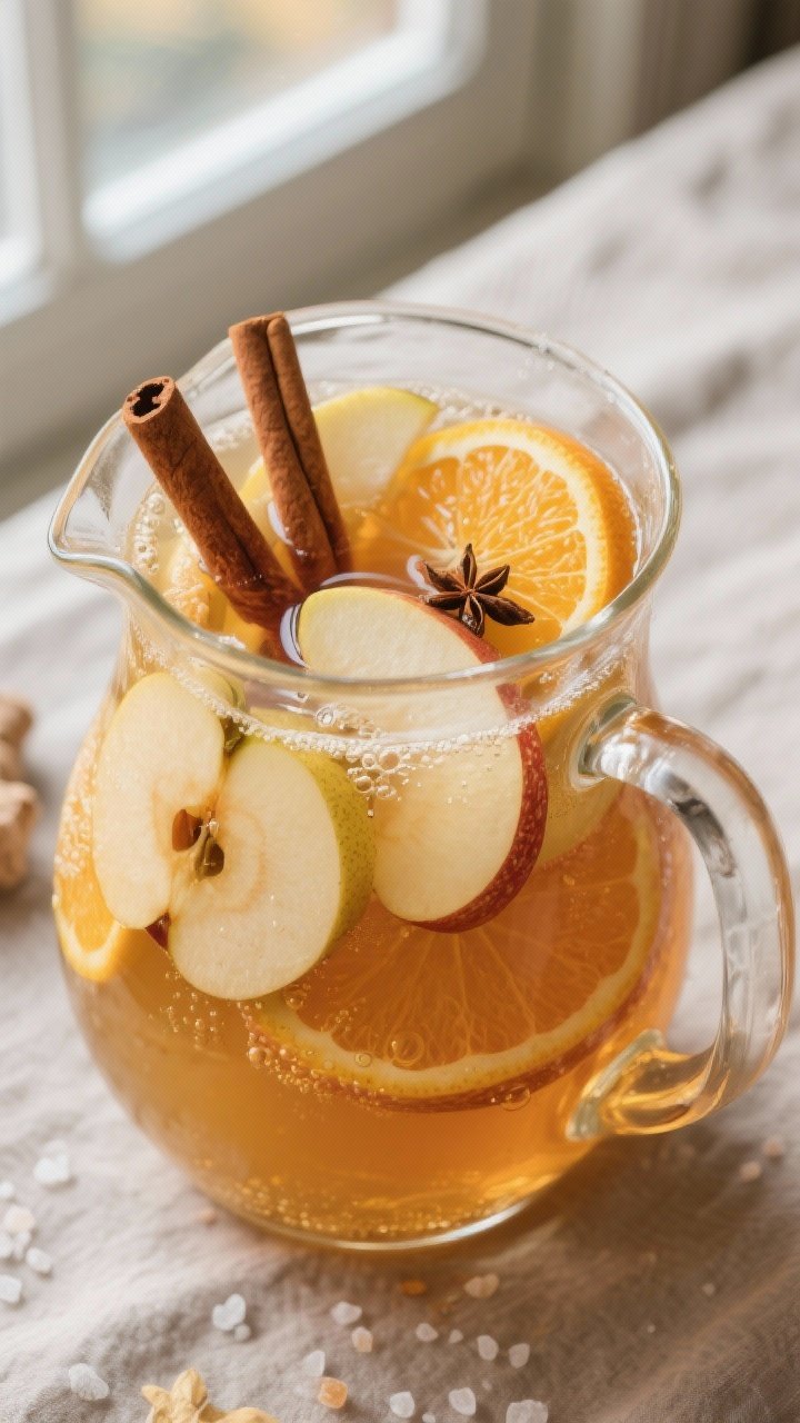 Caramel Apple Cider Sangria: The Cozy Party Punch That Tastes Like a Fall Festival in a Glass 1 Overhead shot of a large glass pitcher of caramel apple cider sangria after chilling, filled with th