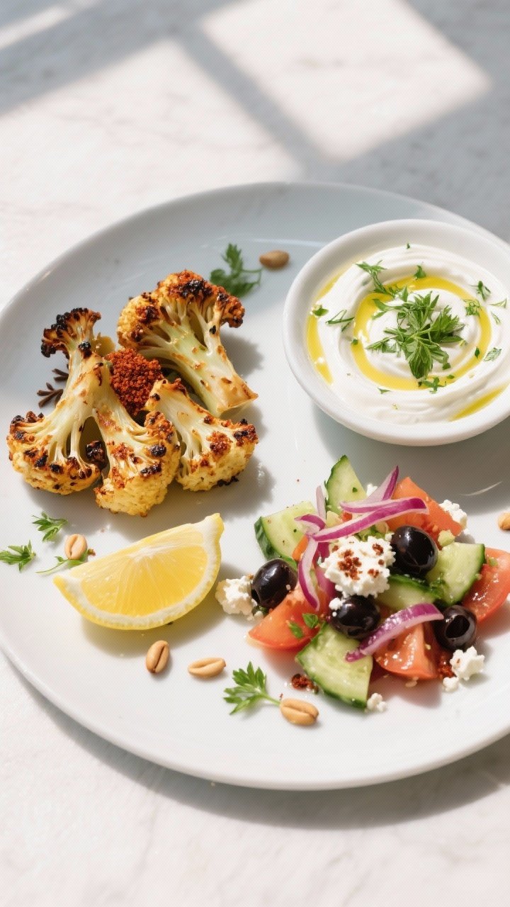 Mediterranean-Inspired Sides for a Lighter Plate: 7 Bright, Bold Bites That Steal the Show 1 Overhead shot of a Mediterranean side plate trio: spiced roasted cauliflower with charred edges dust