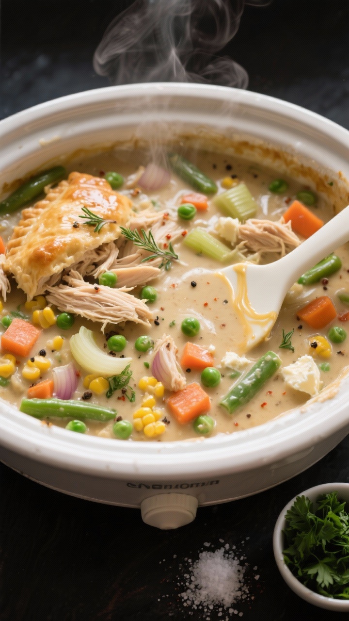 Overhead shot of a steaming slow cooker filled with thick, glossy chicken pot pie filling right afte