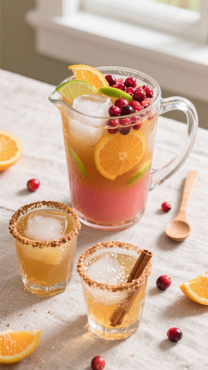 Overhead shot of a Thanksgiving margarita pitcher mid-party pour: a clear glass pitcher filled with 
