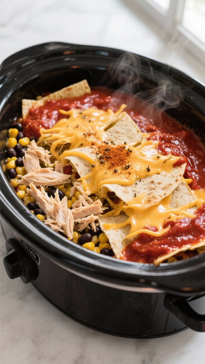 Overhead shot of Crockpot Chicken Enchilada Casserole mid-process inside a slow cooker after shreddi