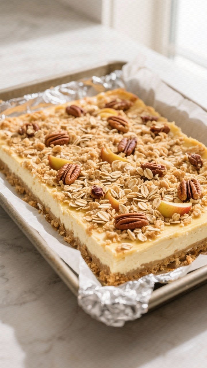 Apple Crisp Cheesecake Bars: The One Dessert That Turns “Just a Bite” Into “Oops, It’s Gone” 1 Overhead shot of freshly baked Apple Crisp Cheesecake Bars cooling in the parchment-lined 9x13 pan,