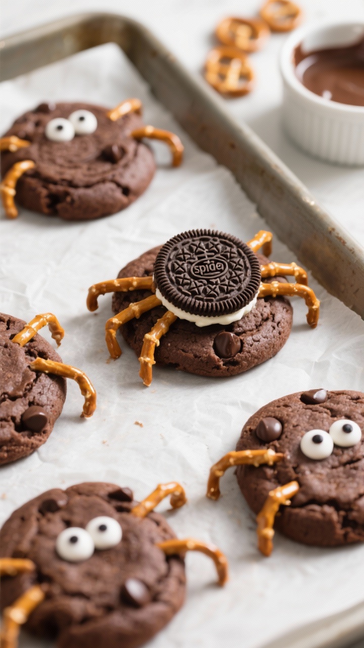 Overhead shot of freshly baked chocolate cookies just out of the oven on parchment-lined baking shee