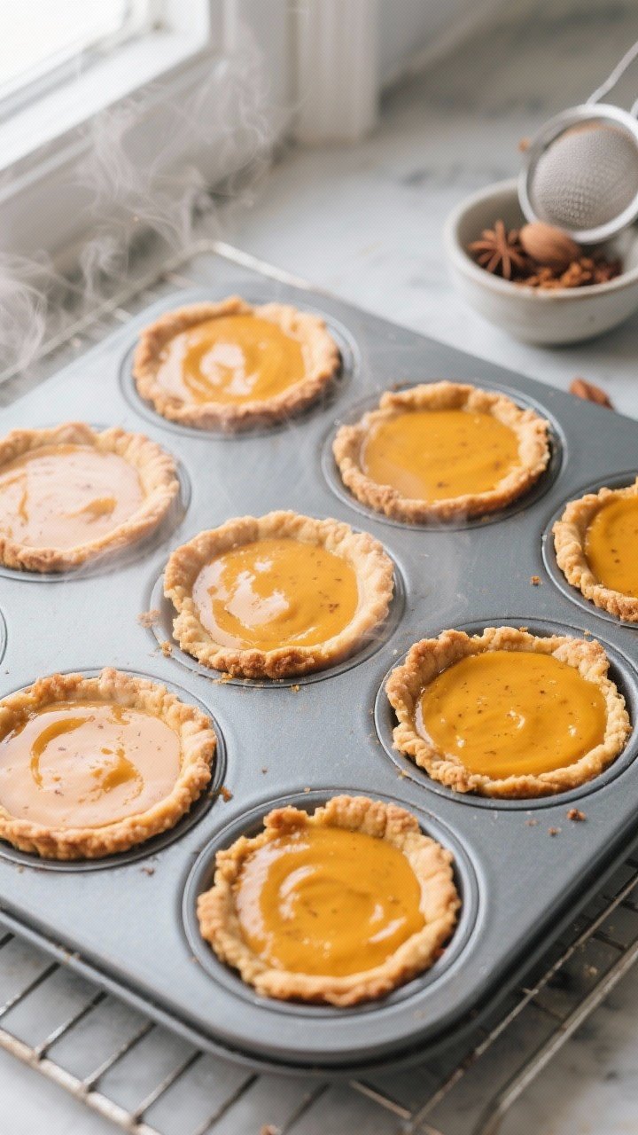 Overhead shot of freshly baked mini pumpkin tarts in a standard muffin tin just after par-bake and f