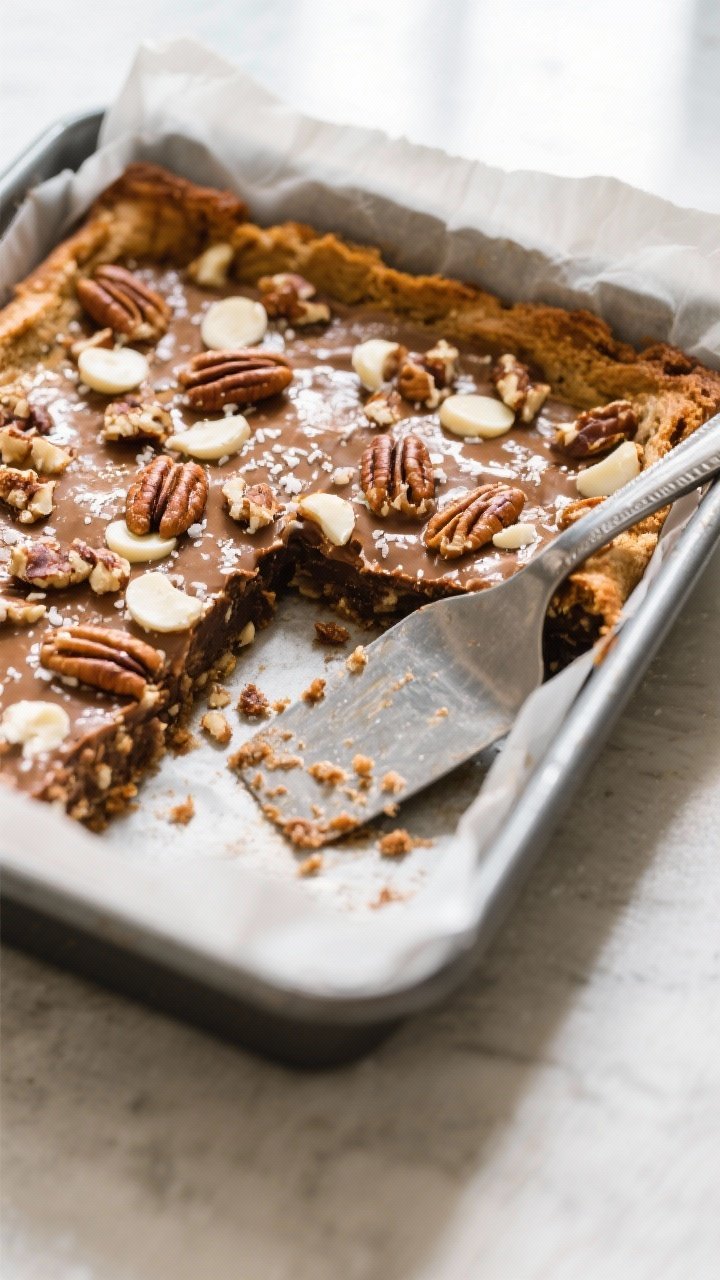 Overhead shot of freshly baked One-Bowl Thanksgiving Dessert Bars in an 8x8 pan lined with parchment
