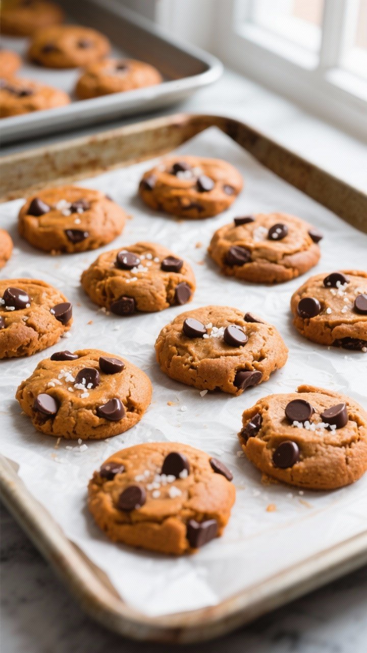 Soft Pumpkin Chocolate Chip Cookies That Practically Melt in Your Mouth 1 Overhead shot of freshly baked soft pumpkin chocolate chip cookies cooling on parchment-lined baking
