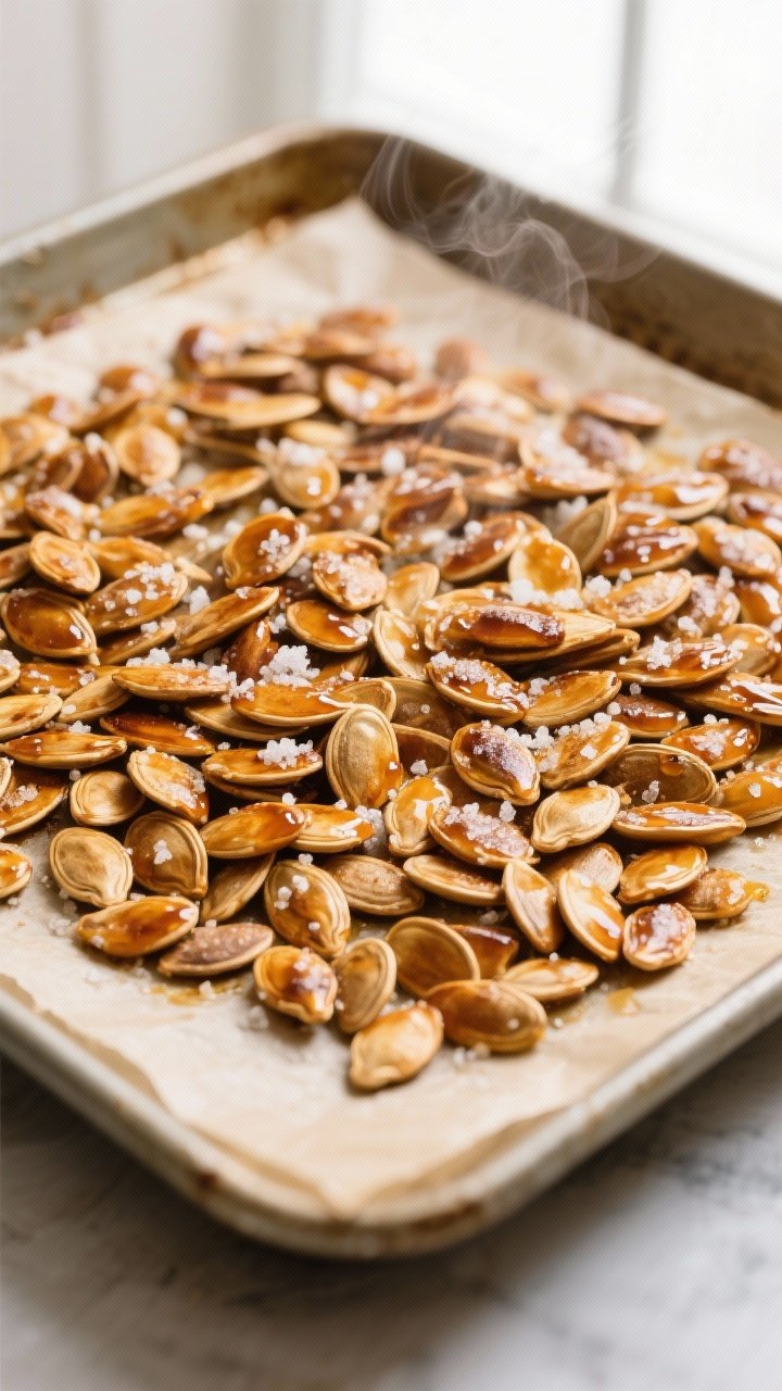 Overhead shot of freshly roasted honey-cinnamon pumpkin seeds just out of the oven on a parchment-li