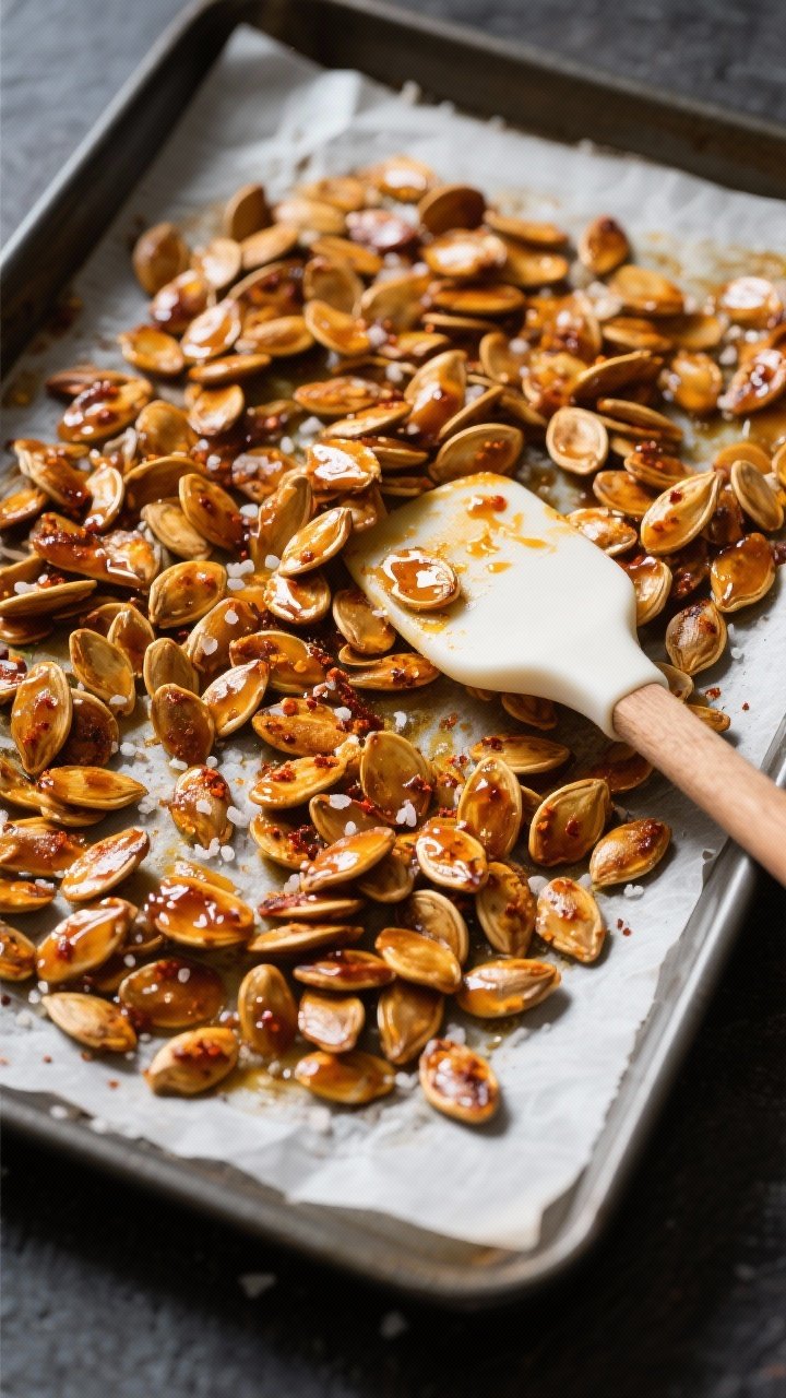 Overhead shot of maple-cayenne roasted pumpkin seeds just out of the oven on a parchment-lined bakin
