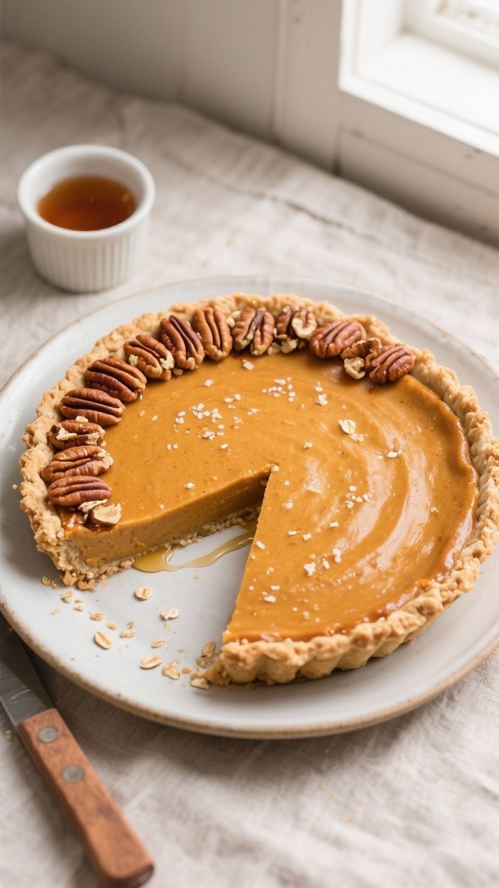Gluten-Free Thanksgiving Desserts That Don’t Taste “GF”? 1 Overhead shot of Maple-Pecan Pumpkin Pie in a 9-inch pie plate, fully baked and cooled for clean sli