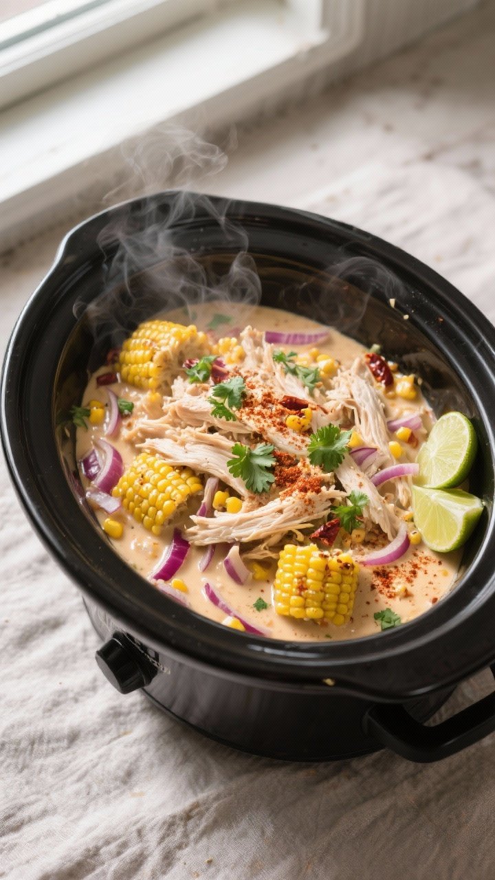 Overhead shot of Slow Cooker Street Corn Chicken just after shredding and creamy finish: tender shre