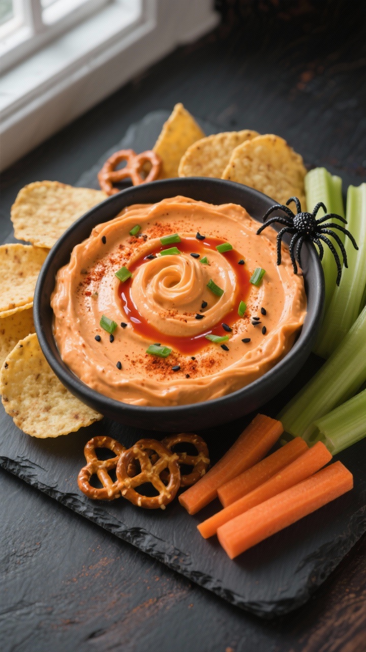 Overhead shot of the finished 3-ingredient Halloween pumpkin ranch dip in a low, wide black ceramic 