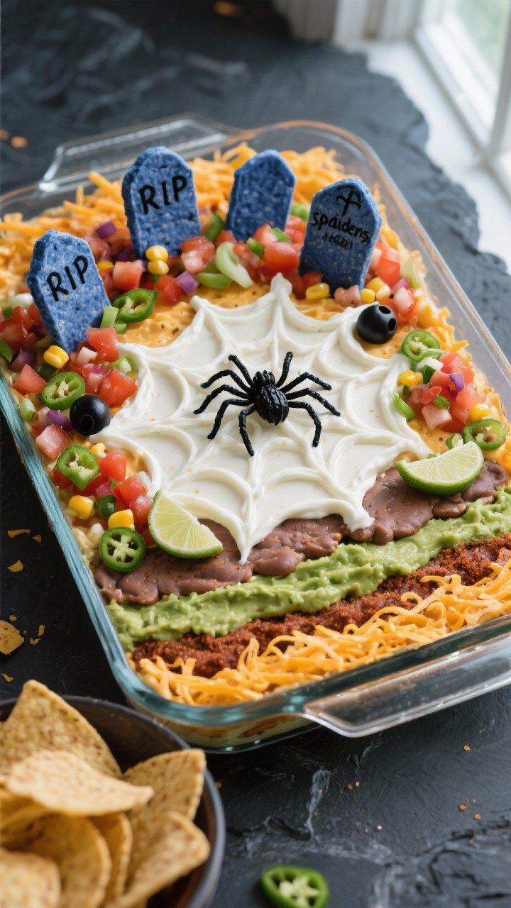 Overhead shot of the fully assembled Halloween seven layer dip styled as a spooky graveyard: crisp s