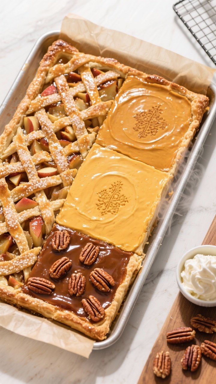 Slab Pie for a Crowd: Apple, Pumpkin, and Pecan Trio That Breaks the Dessert Internet 1 Overhead shot of the fully baked trio slab pie in a 13x18 sheet pan, showing clean lengthwise divisi