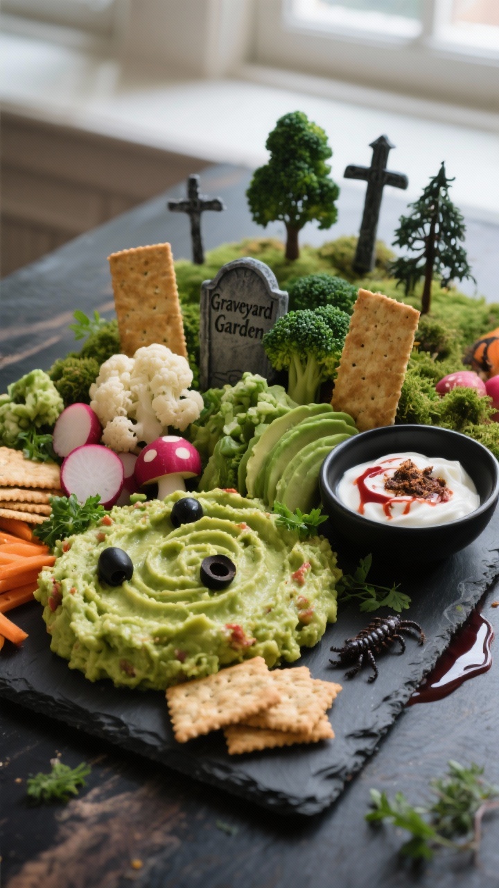 Overhead shot of the “Graveyard Garden” veggie tray fully assembled: a lush guacamole base with 